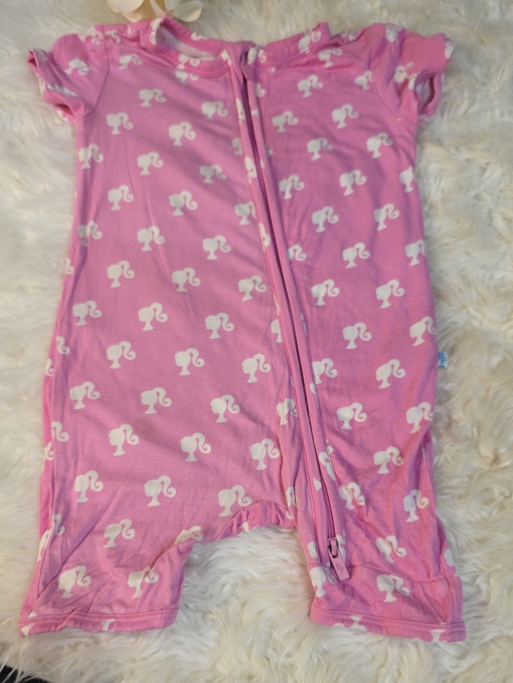 Posh Peanut Pink Short-Sleeve One-Piece Romper Barbie Print